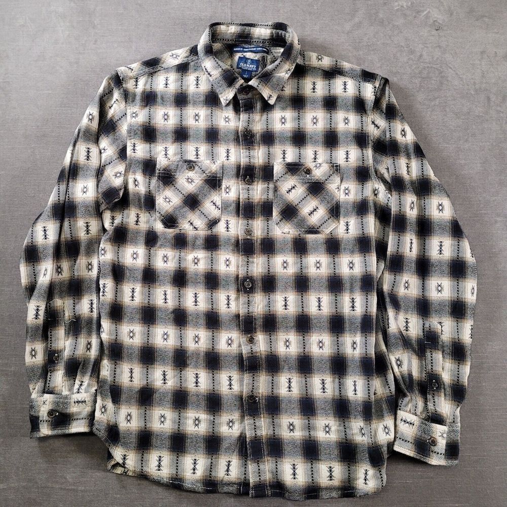 Old Navy Flannel Shirt Mens Large Blue Tan Excellent Aztec Tribal Regular Fit